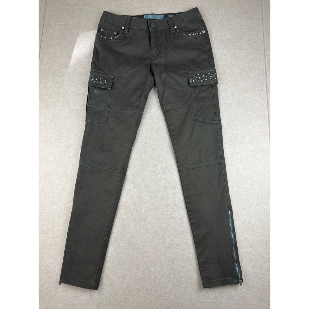 Miss‎ Me Women's Size 27 Olive Studded Cargo Skinny Pants Zip Hem Stretch